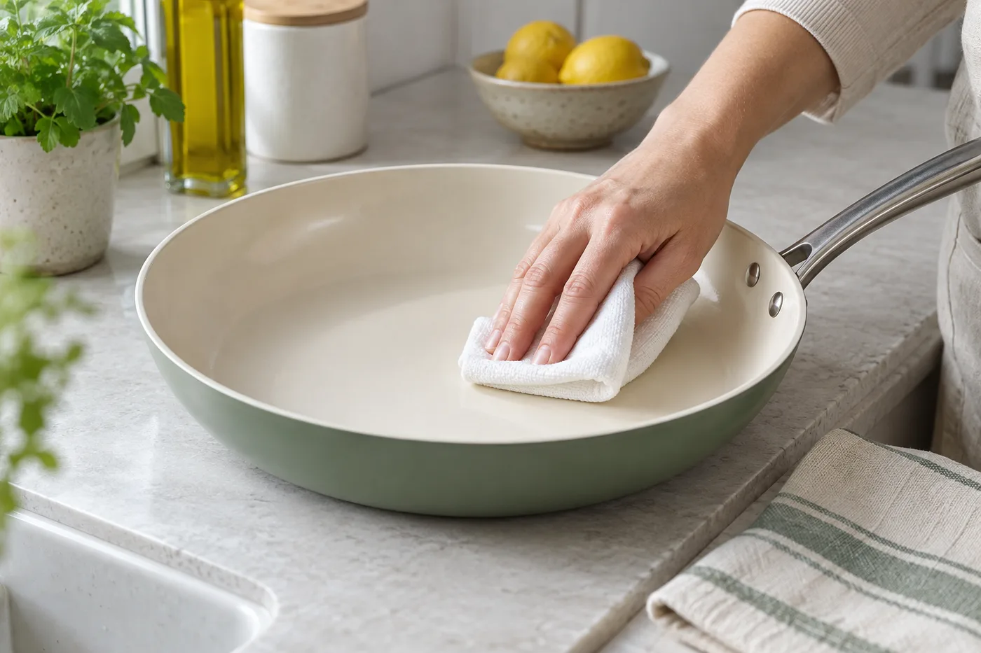 Illustration of gently wiping a ceramic nonstick pan with a soft cloth