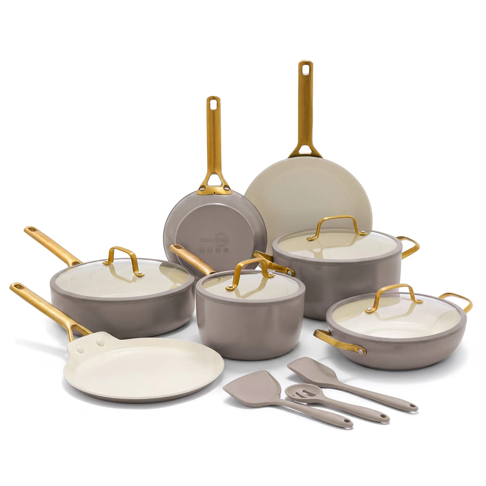 GreenPan manufacturer photograph of Reserve Pro 14-piece set · Latte