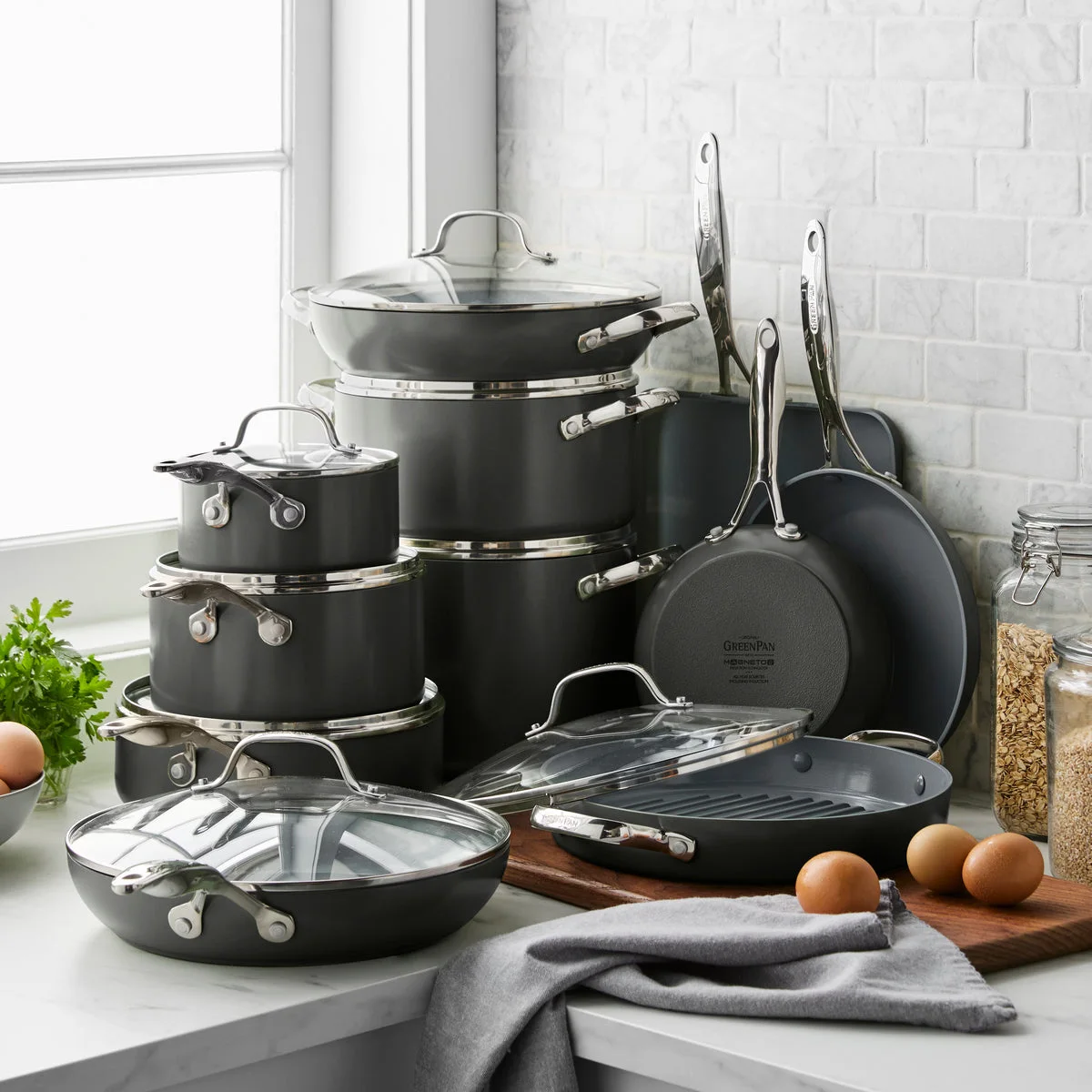 Official GreenPan Valencia Pro cookware in a styled kitchen setting