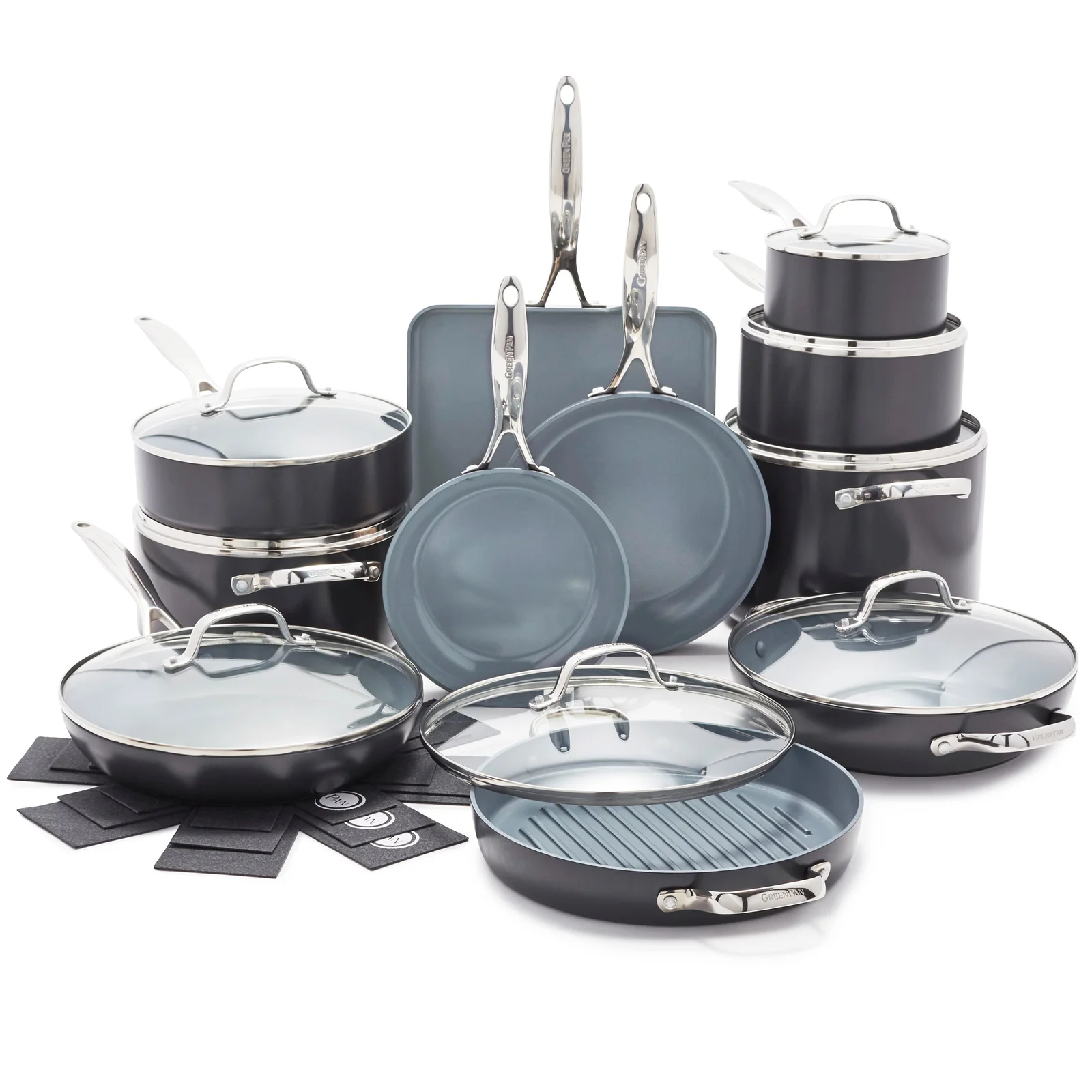 GreenPan manufacturer photograph of Valencia Pro 19-piece set · Gray