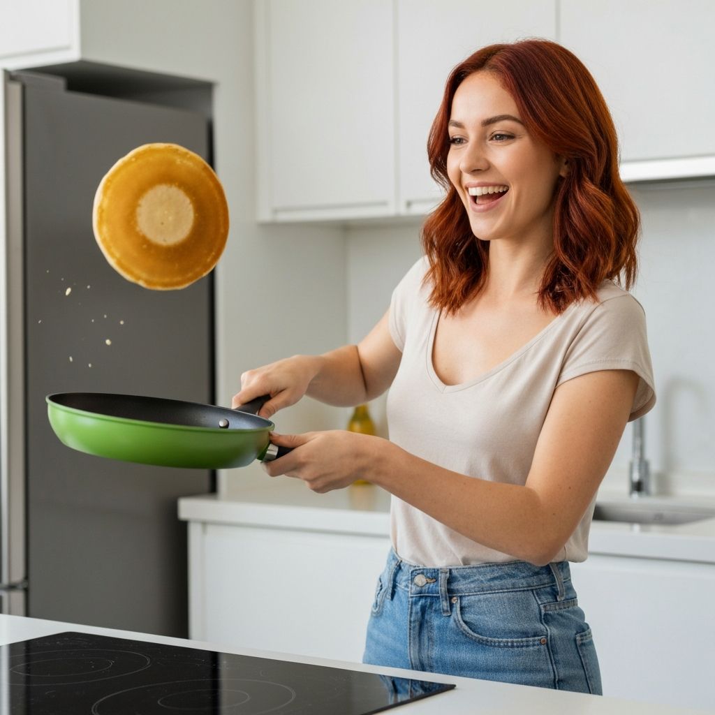 Woman flipping pancake with GreenPan ceramic cookware